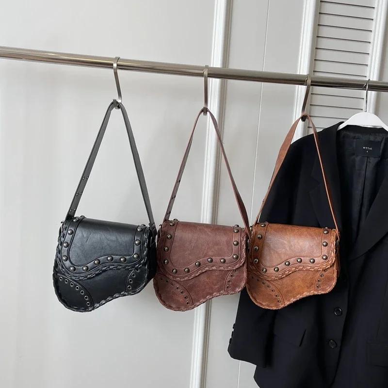 Customized PU Material Saddle Bag Western Denim Handbag Distressed Rivet