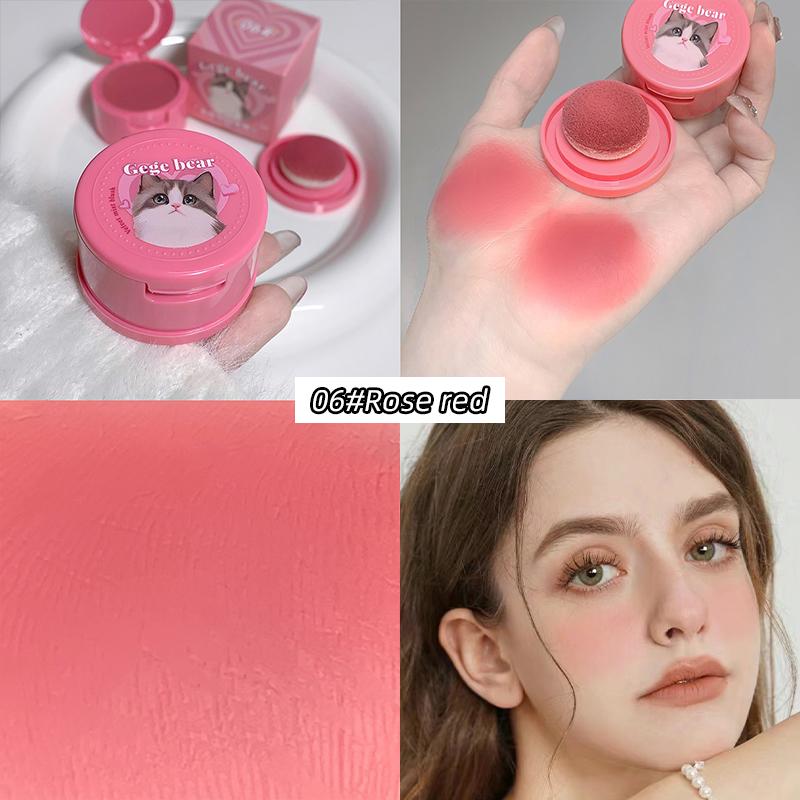GEGE BEAR Air Cushion Blusher Powder, Cute Kitten Pink Cheek, with Mini Mirror Matte Waterproof Blush