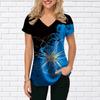 Женская футболка свободного покроя с коротким рукавом и V-образным вырезом, синим фоном и крупным цветочным принтом