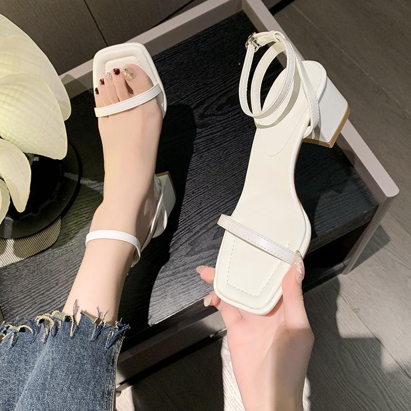Sandals for Women Summer New Fashion Open Toe Ankle Strap High Heels Outdoor Square Low Ladies Elegant Dress Sandalias Mujer