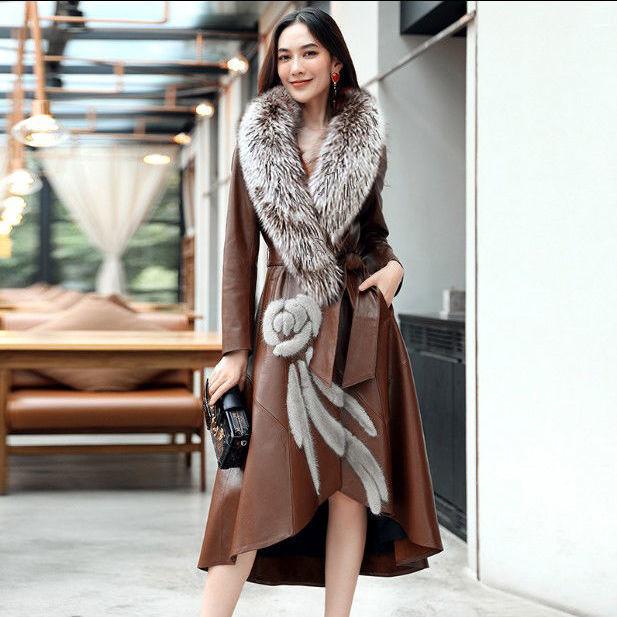 Новый женский длинный корейский меховой тренчкот Haining Leather длиной до колена