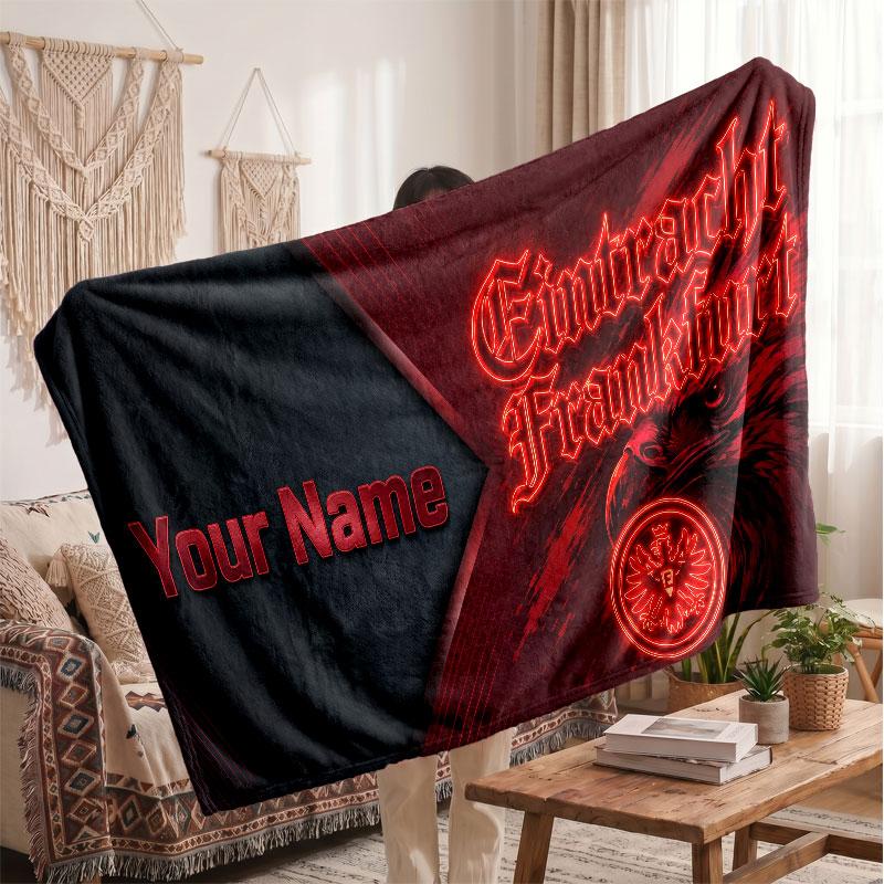 Eintracht Frankfurt Personalized Fleece Blanket With Football Logo, Custom Name Text Soft Warm Home Throw Blanket