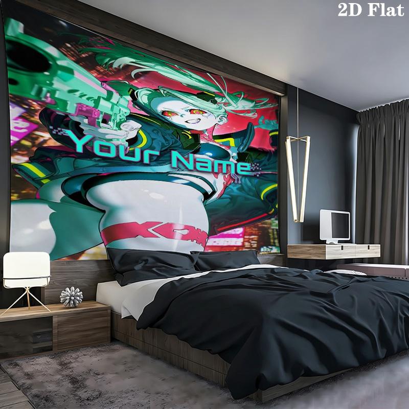 Cybernetic Future Heroine Custom Name Wall Tapestry Aesthetic Wall Hanging Printed Fabric Blanket Decorative Tapestries for Bedroom Living Room Home D