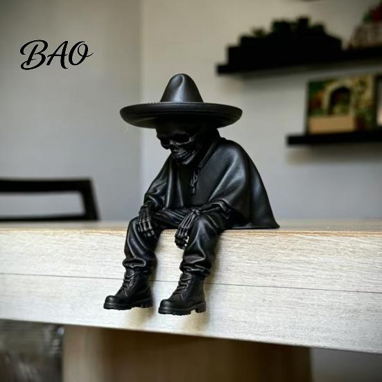 Spooky Aesthetic Office Ornaments 3D Printed Sitting Skeleton Shelf Sitter Figurine, Gothic Hat Desktop Unique Room Accessories Ornament, Trendy Home