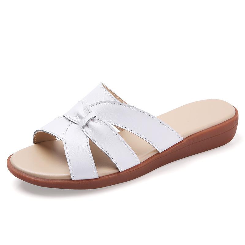 Новые тапочки из коровьей кожи для женщин на лето, мягкая подошва, для улицы, для беременных, средний и пожилой возраст, большой размер, плоские женские тапочки