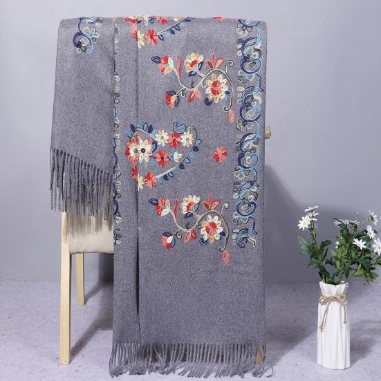 Winter Scarf Embroidery Flower Pattern Tassel Trim Long Scarf Ethnic Style Thickened Warm Women Shawl