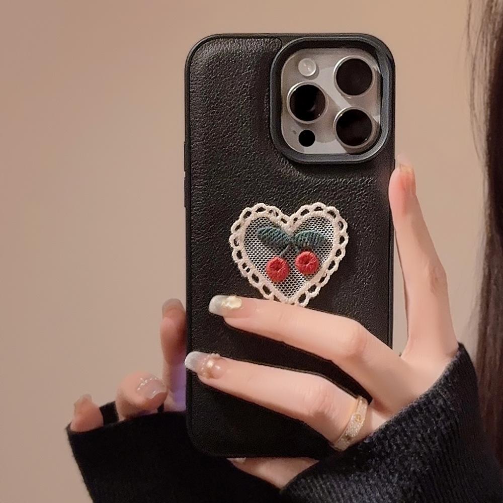 Вышитая вишня любви для чехла телефона Apple 15 для iPhone 16 Promax Кожаный 11 Темперамент 13 Противоударный