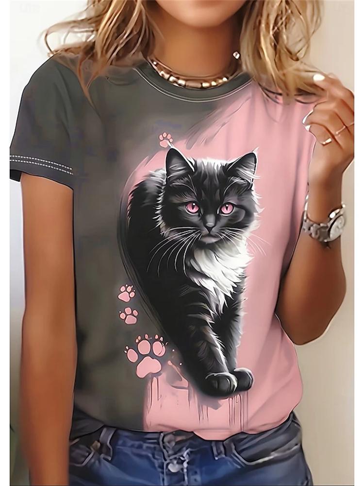 Women's Summer Crew-Neck Short-Sleeve T-Shirt Elegant Puppy Print Fashion Top Casual Streetwear-Style Women's Short-Sleeve Shirt