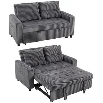2-Seater Sofa Bed, Corduroy Cover, Convertible To Sofa Bed, 2 Cushions, Side Pockets, 157 X 190 Cm, Dark Gray