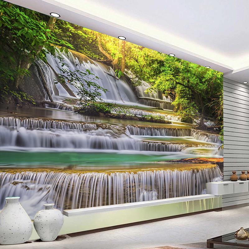 3D настенные обои, современное зеленое дерево, водопады, пейзажные фрески, гостиная, спальня, домашний декор, 3D наклейки на стену, фреска