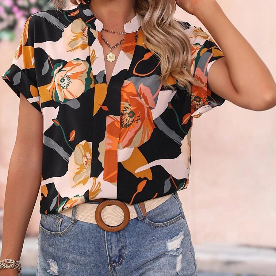 DAFIFY Женская мода лето весна повседневные блузки и рубашки с цветочным узором и принтом с коротким рукавом и v-образным вырезом
