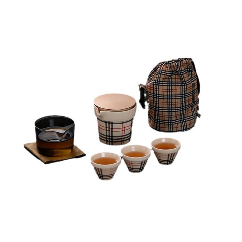 LV Grid Ceramic Travel Kung Fu Tea Set with Portable Bag - One Pot, Three Cups