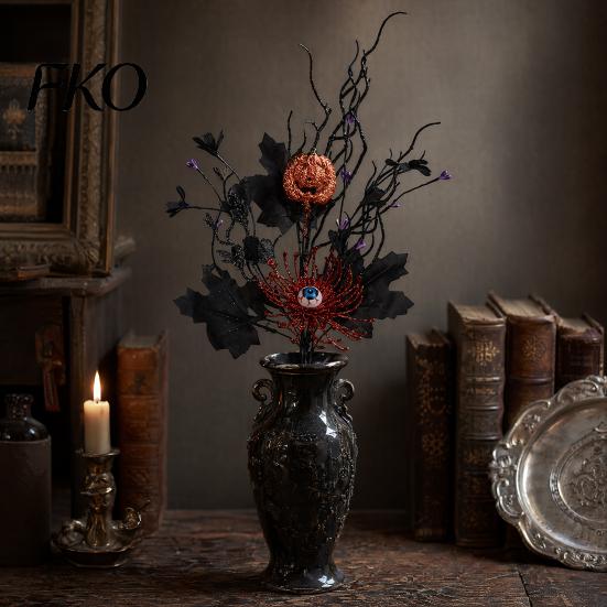Halloween Party Decor Artificial Branch with Pumpkin And Eyeball, Black Glitter Fake Twig Centerpiece Decorations Maple Leaves for Gothic Vase Filler,