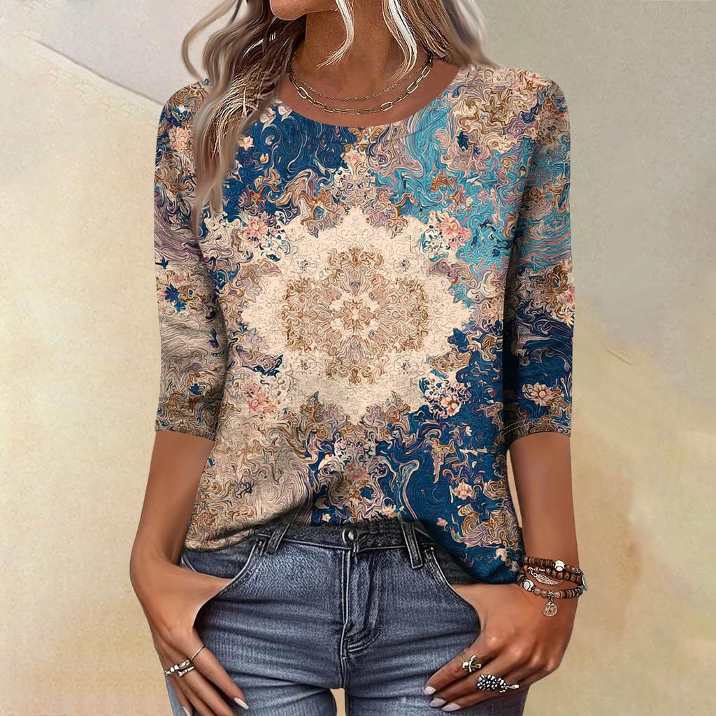 Модный винтажный топ с рукавом три четверти для женщин, женская повседневная блузка-футболка с круглым вырезом и принтом