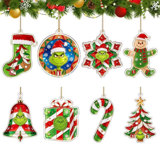 Stained Glass Style Decor Green Elf Christmas Ornament, 2D Acrylic Red Bell Tree Candy Cane Gift Box Xmas Hanging Charms Shaped Double Sided