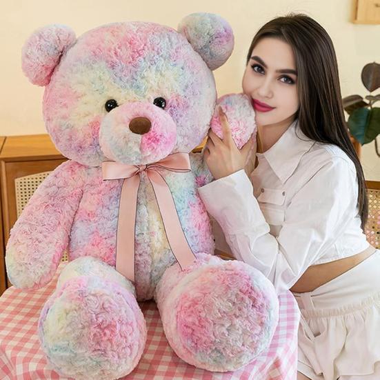 Bear Doll Dreamy Gradient Color Giant Size Girl Plush Toy with Bowknot Decor Valentine Day Home Decor