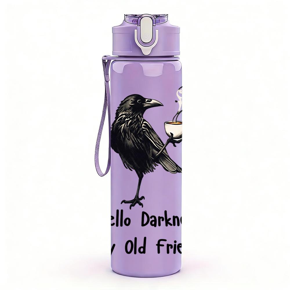 1PC Crow Coffee Hello Darkness Quote Graphic,750ml Color Plastic Sports Water Bottle,Leakproof Flip Straw Lid,Suitable for Sports Office Home Use