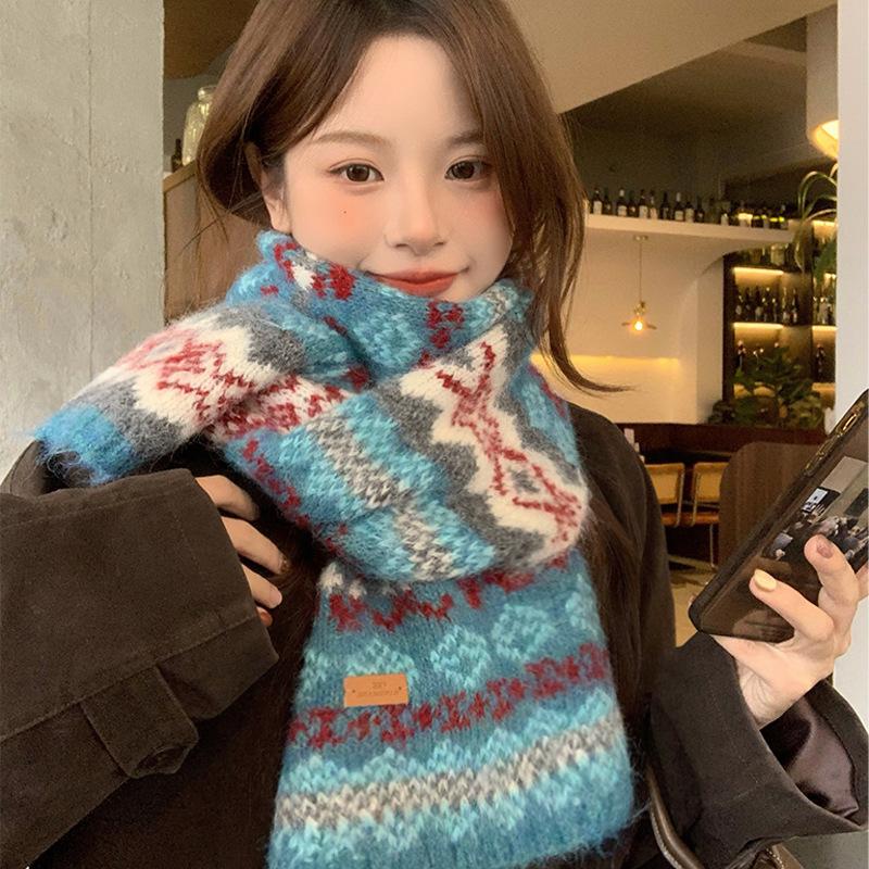 Fair Island style retro blue knitted scarf female winter Korean atmosphere student thickened warm scarf