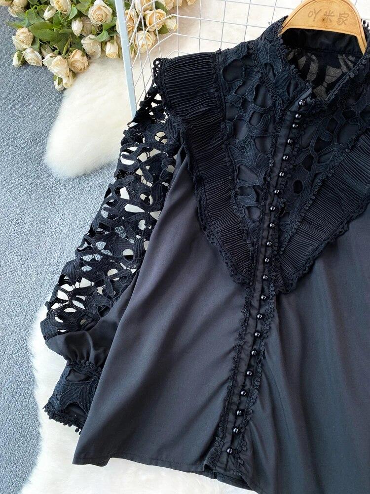 Винтажная блузка в стиле суда для женщин, с воланами, ажурные кружевные лоскутные рубашки с длинными рукавами-фонариками, женские блузки, Прямая поставка