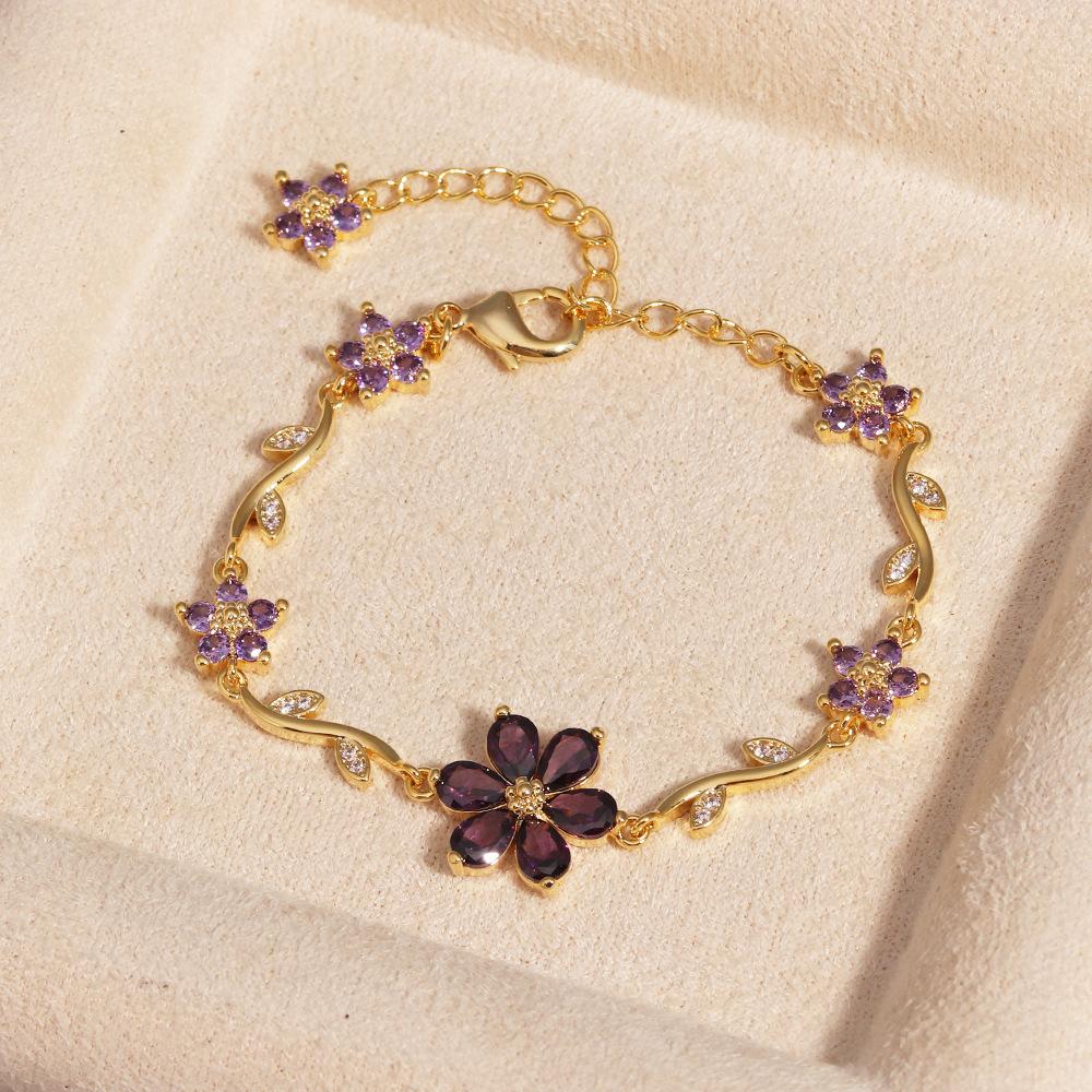 18K Real Gold Plated Brass Multi-Color Leaf CZ Trendy Tennis Bracelet Set Wavy Chain Bracelets with Assorted Gemstones