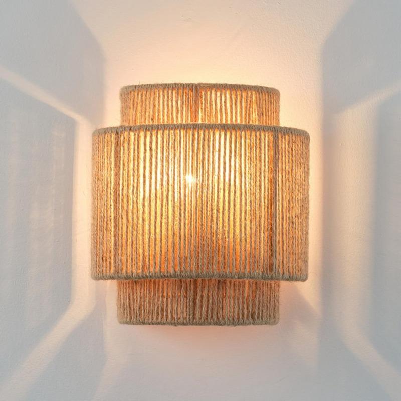 Hemp Rope Rattan Wall Lamp Antique Asia Hotel Indoor Living Room Bedroom and Office Vanity Modern E27 Woven Bedside Wall Light