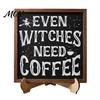 Solid Wood Festive Plaque Halloween Wooden Coffee Photo Frame, Retro Distressed Sign for Decorative Holder Countertop Decor, Rustic Autumn Holiday