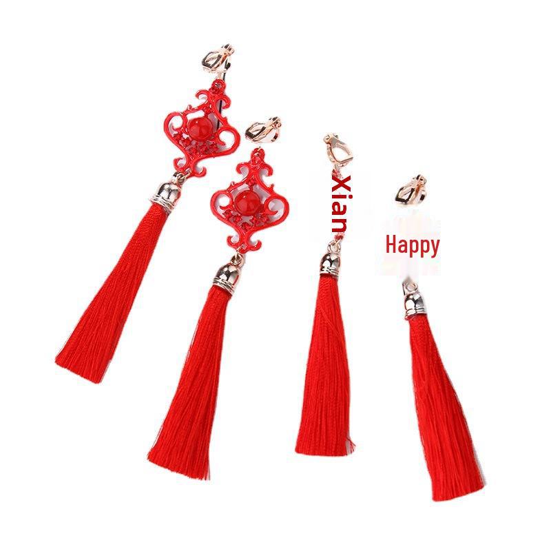 Серьги-клипсы в древнем стиле ханьфу с красными кисточками и узлом для непроколотых ушей — свадебный китайский ретро-дизайн