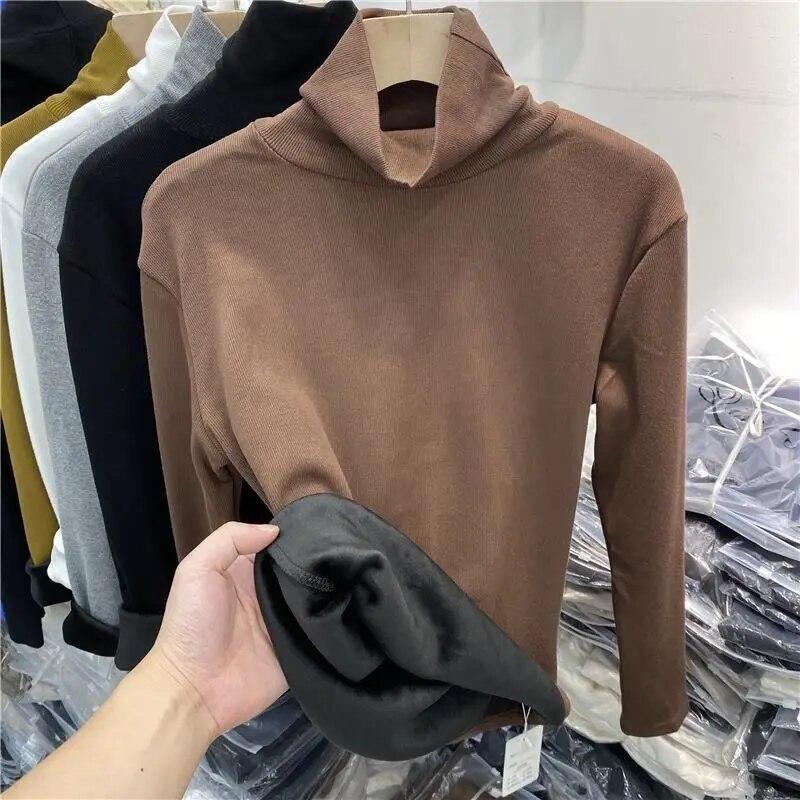 Теплый трикотаж, плюшевая утолщенная водолазка, базовая рубашка, женский пуловер, тонкий топ с длинными рукавами, простой повседневный новый модный осенне-зимний вариант