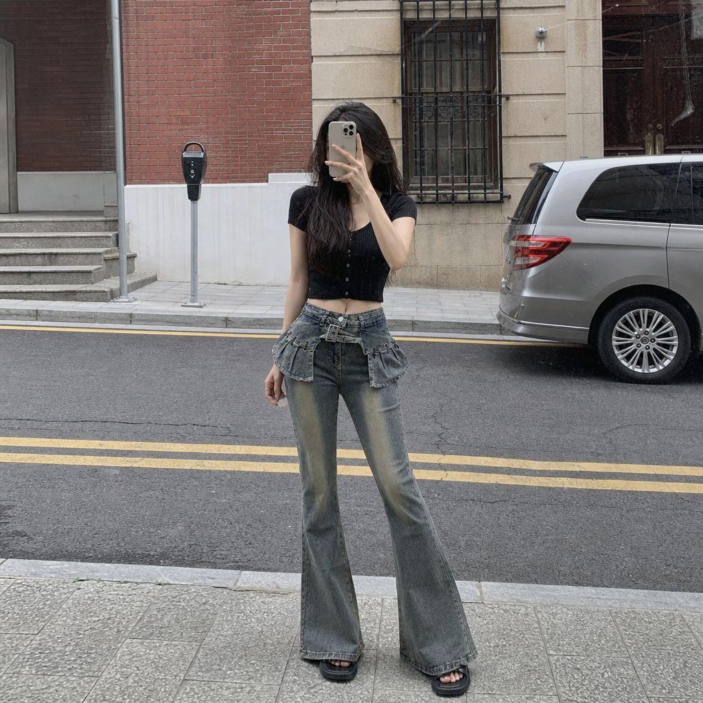 American retro micro-pull jeans for women's summer high waist and thin Spice Girl design sense new versatile slim-fitting floor-mopping trousers