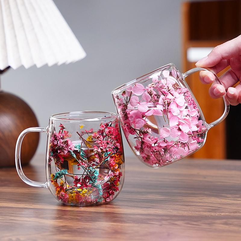 Flower-Infused Glass Mug - Decorative Dried Flower Clear Coffee/Tea Cup (Multi-Color Options)