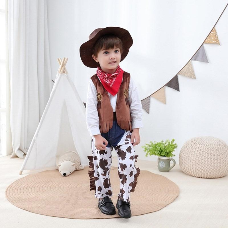 5Pcs Western Cowboy Costumes Cowboy Vest Bandana Shirt Pants Cap Halloween Fancy Dress Accessories Western Outfits