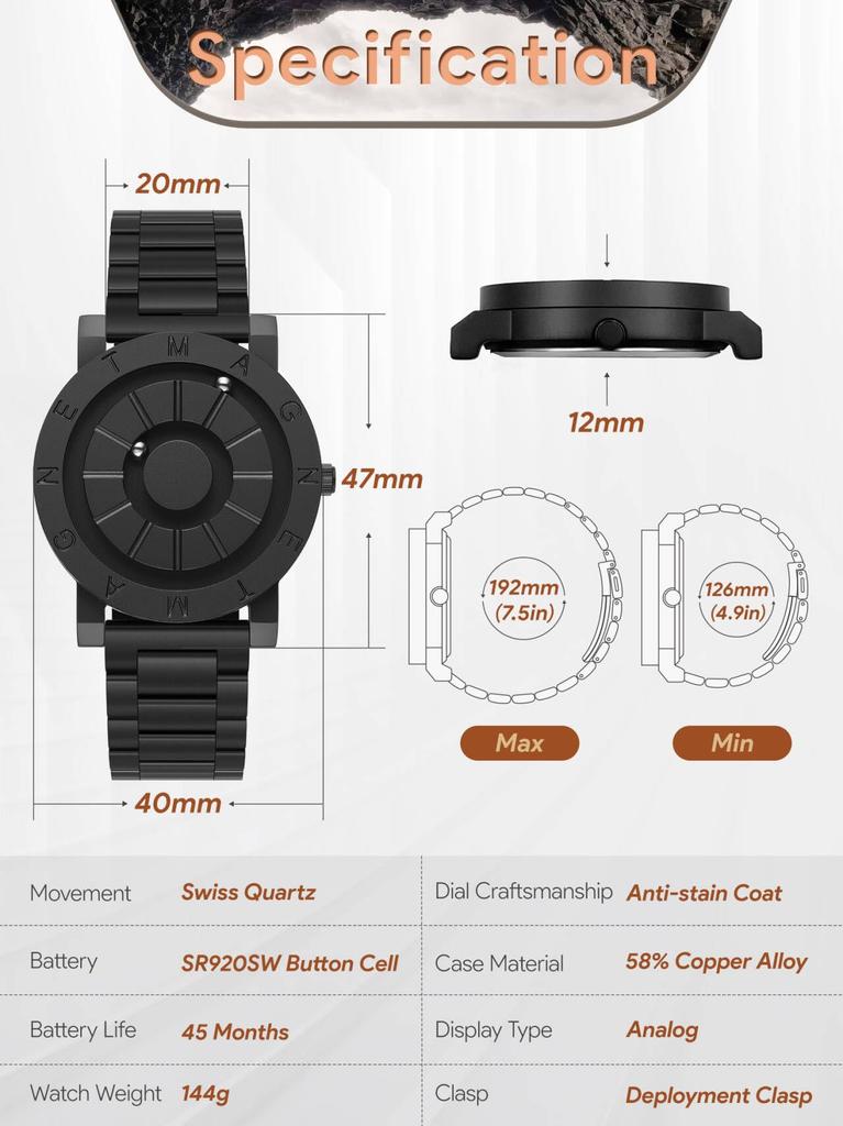 Магнитный кварцевый магнитный шарик 40MM нержавеющая сталь черный [EUTOUR] часы, мужские часы, крутые, простые, повседневные, часы, дизайн, водонепроницаемые, циферблат, ремешок,