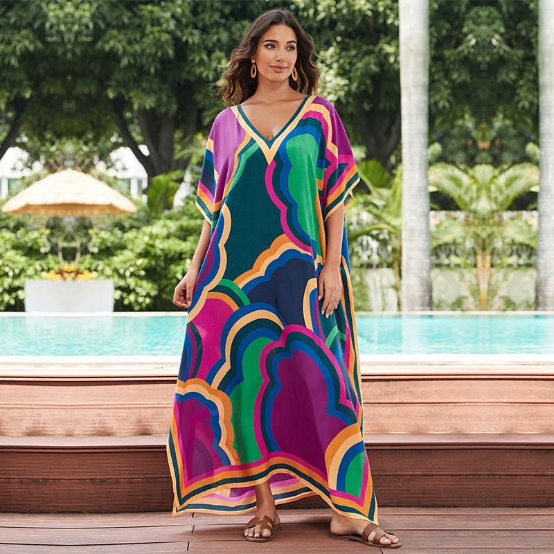 Свободный хлопковый халат большого размера с принтом - Пляжная накидка для женщин