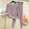 2 Pcs/Set Winter Top Pants Set Thick Plush Round Neck Long Sleeve Elastic Waist Warm Soft Cold-proof Homewear Pajamas Set Thermal Underwear Set
