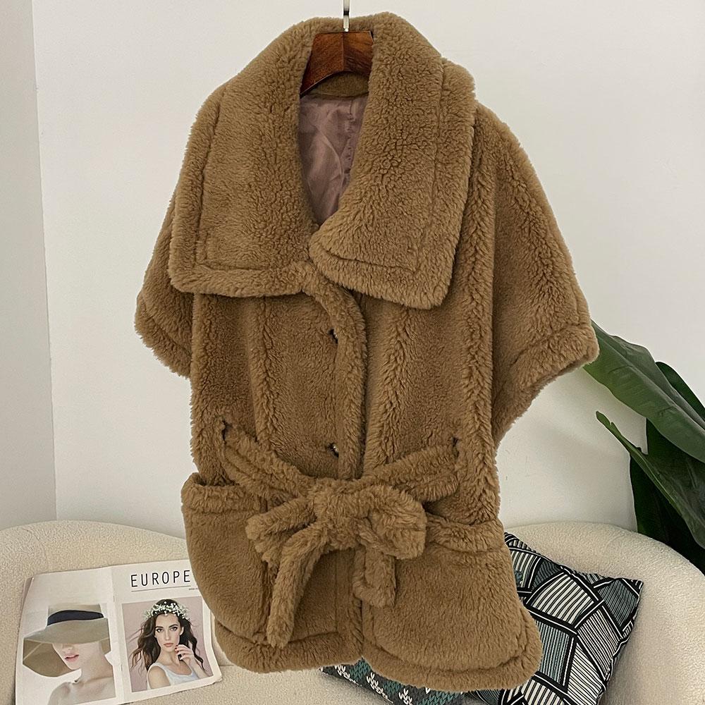 OFTBUY Зимняя женская жилетка, куртка из натурального меха ягненка, кашемира, шерсти, с поясом, отложной воротник, теплая плюшевая куртка с толстым карманом, элегантная повседневная