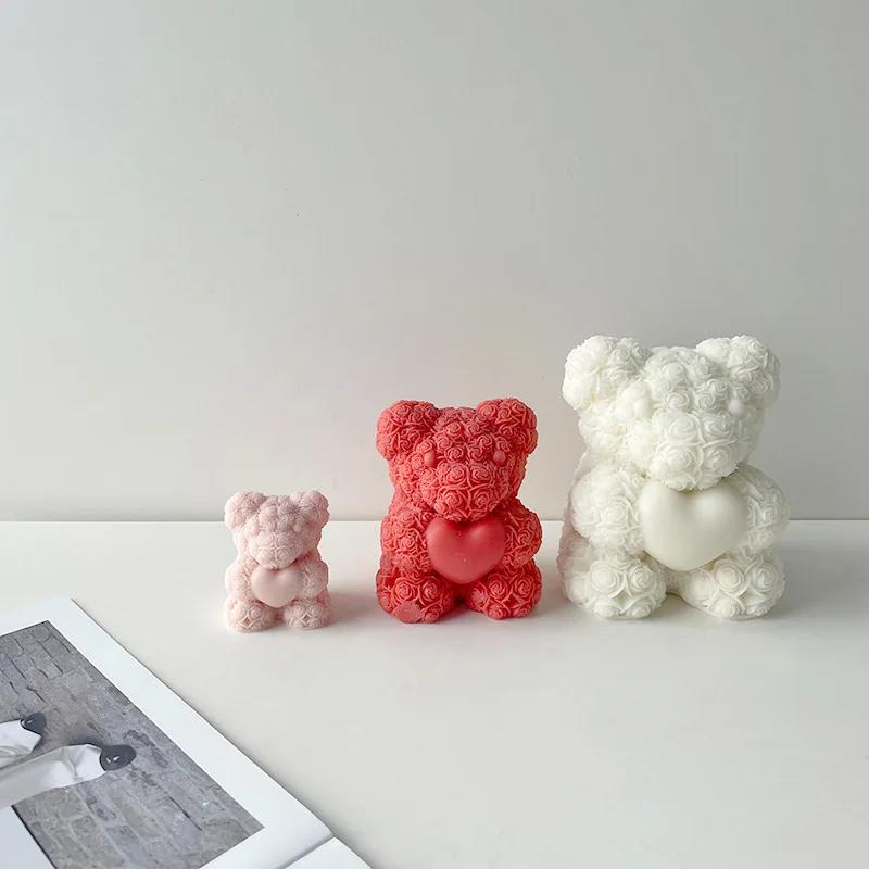 Top Quality Day Love Rose Bear 3D Candle Silicone Mold DIY Bears Handmade Soap Plaster Aroma Candle Mold Home Decor Crafts
