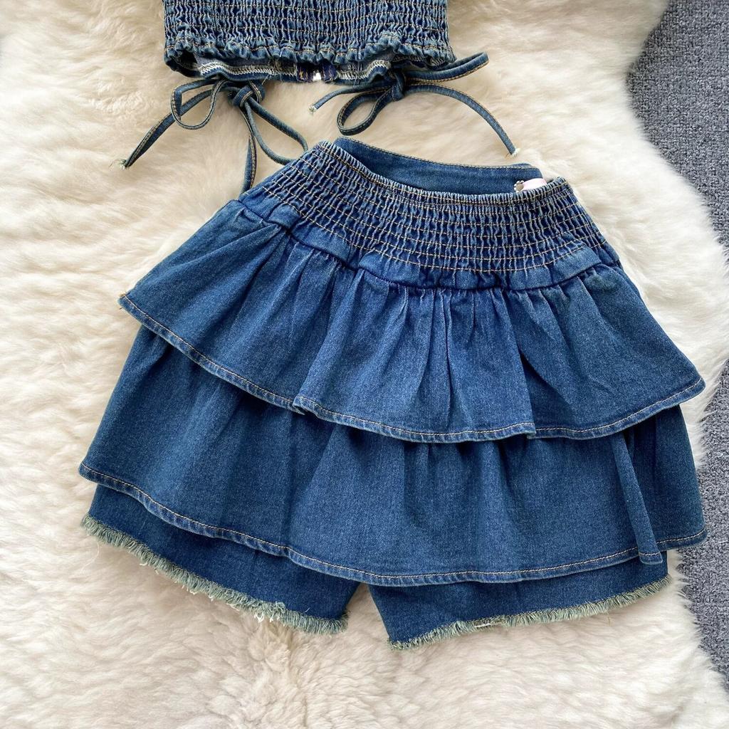 Джинсовые комплекты для девочек, милые комплекты из двух предметов, женские топы на молнии без бретелек Y2K, эластичные мини-кюлоты, женская мода, уличная одежда на шнуровке, костюмы 2024