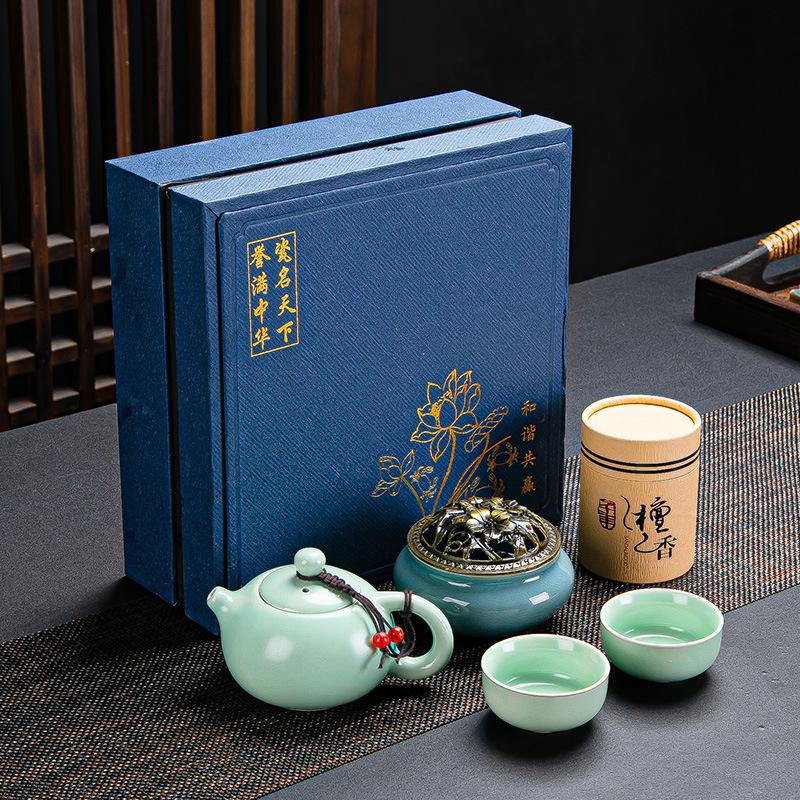 Guochao Ceramic Tea Set, One Pot, Two Cups and Four Cups Travel Gift Box Set.