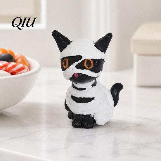 Kids Halloween Room Decor Black Cat Figurine, Mini Witch/Zombie/Pumpkin Kitten Statue, Spooky Resin Mummy Bandage Statue Tabletop Ornament for Mantel