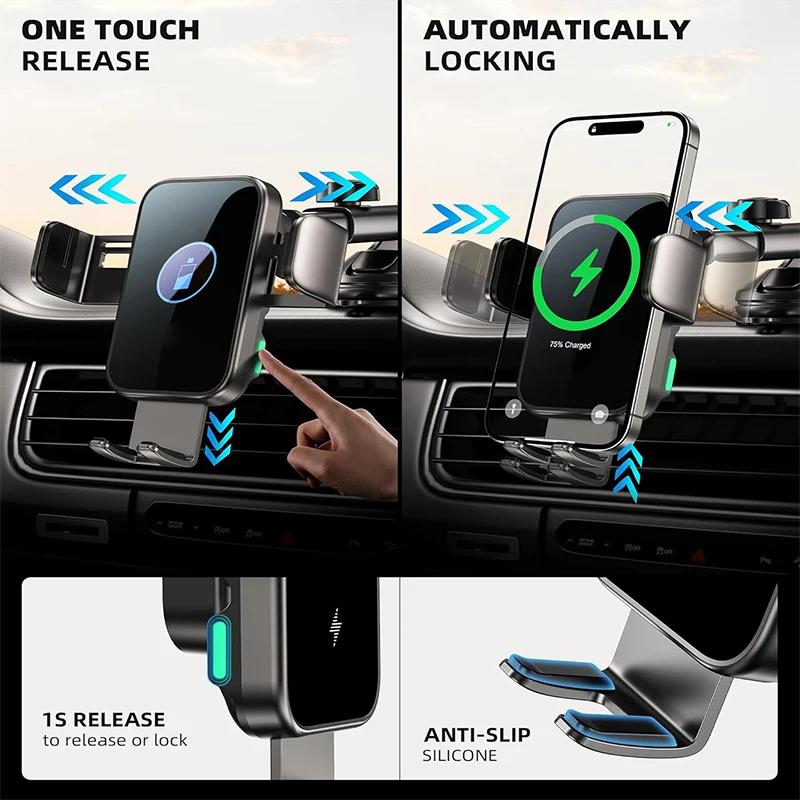 Беспроводное автомобильное зарядное устройство 66 Вт, быстрая зарядка, автоматический зажим, вентиляционное отверстие, автомобильный держатель для телефона со светодиодной подсветкой для iPhone 16 15 14 Pro Max
