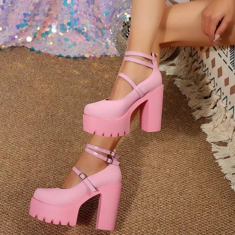 Мэри Джейн Женские туфли-лодочки Модные сексуальные туфли на толстом каблуке 14 см Женские туфли на высоком каблуке с ремешком на щиколотке Большого размера Туфли для вечеринки Mujer