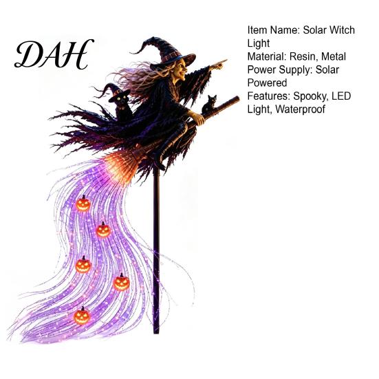 Waterproof Resin Witch Figurine Solar Halloween Garden Stake Light, Metal Flying Broomstick Decorative Broom Accents Pathway Light with Waterfall