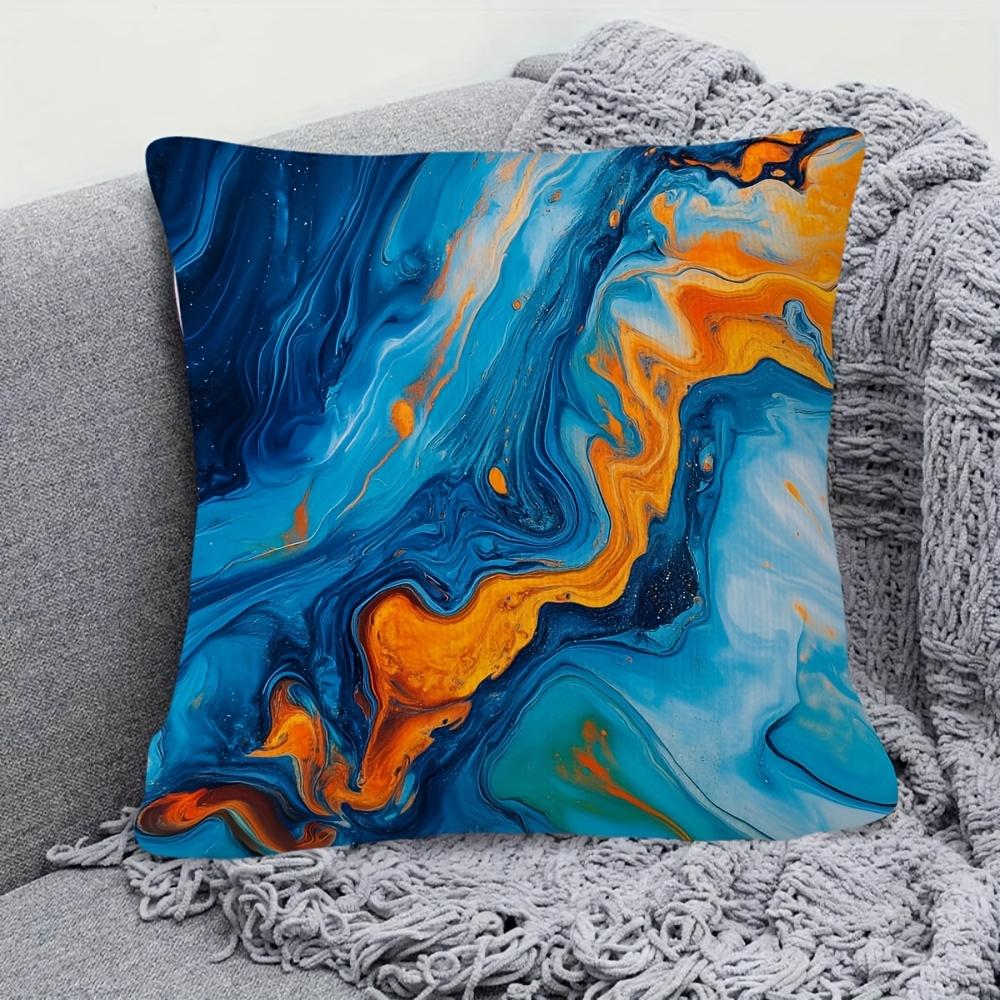 Blue & Orange Marble Fluid Art Print Throw Pillow Cover, Abstract Swirl Pattern Decorative Cushion For Modern Home