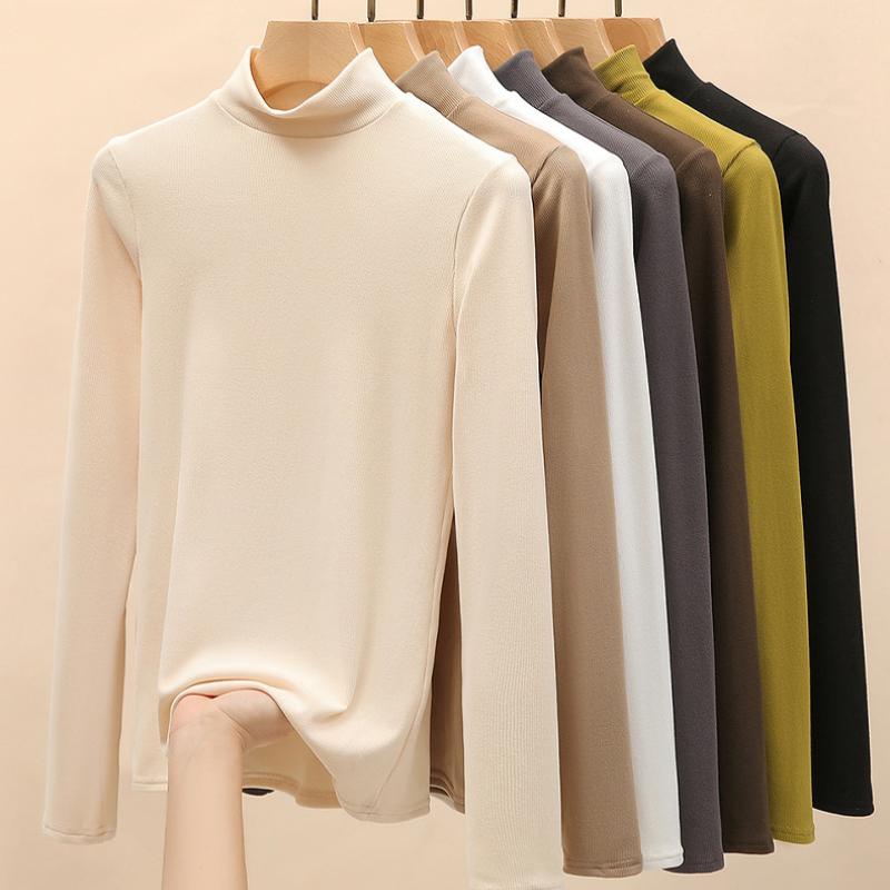 Женская базовая рубашка со средним вырезом, однотонный пуловер с длинным рукавом на осень и зиму