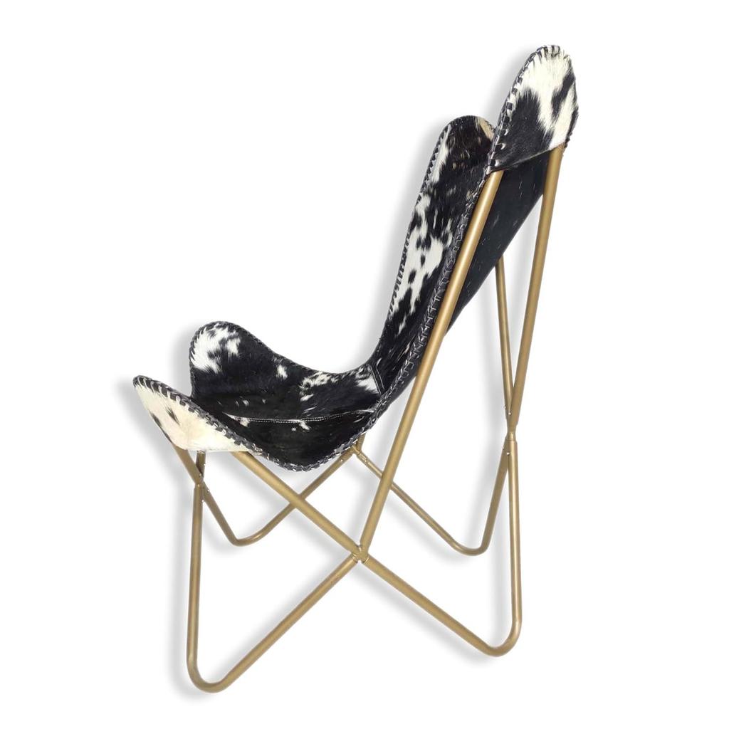 Черно-белые волосы на кожаном кресле-бабочке - удобное кресло-бабочка для гостиной с подлокотниками - с железной подставкой с золотистым порошковым покрытием