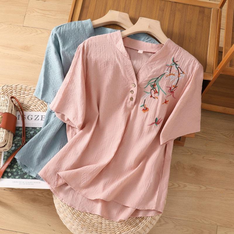 Женская футболка с коротким рукавом, летняя, из хлопка и льна, повседневная, с V-образным вырезом, вышитая блузка