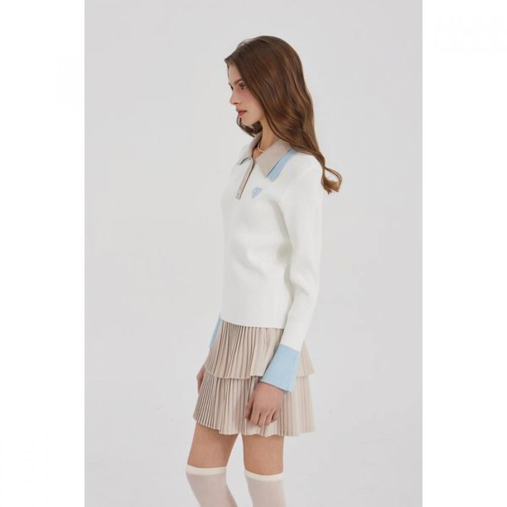 Goxo Smile Heart Knit White Double Collar