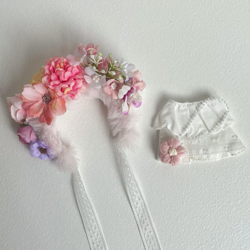 Clothes and Headband For Labubu Flower Crown White Dress Set Floral Outfit For 15/17cm Labubu 1st/2nd/3rd Gen(NO DOLL)