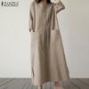 Women Casual O-neck 3/4 Sleeve Cotton Long Dress