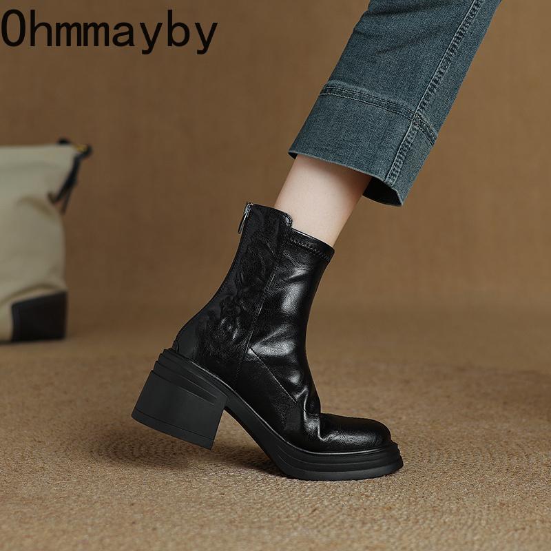 Vintage Platform Heels Women Ankle Boots Fashion Round Toe Stretch Slim Short Booties Shoes Mujer